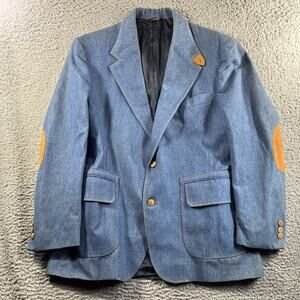 VTG David Hunter Denim Brushed Blazer Sport Coat Elbow Patch Mens Sz 44 Regular